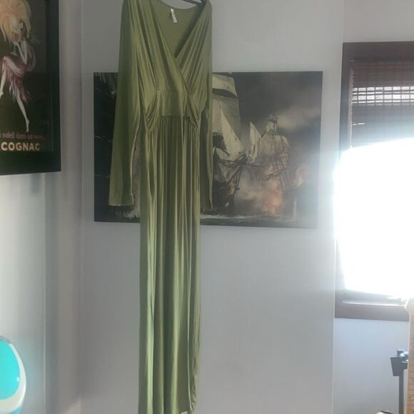 Maxi Dress Size Large Green Olive With Pockets - Picture 5 of 7